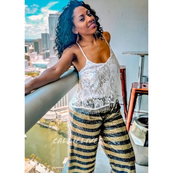 Callie Scotch Soda: Sequin Navy Blue Gold Horizontal Stripe Palazzo Pants - Picture 6 of 8